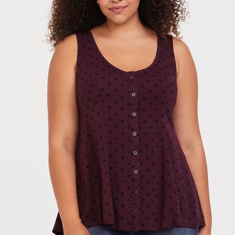 Plum/wine colored tank with black polka dots